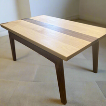 Load image into Gallery viewer, Handmade Mid-Century Modern Coffee Table – Hard Maple & Walnut with Bow Tie Inlay | Floating Top Design