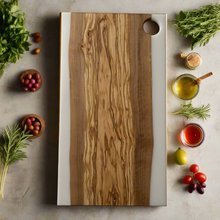 Load image into Gallery viewer, Highly Figured Live Edge Rustic Olive Wood and Resin Cast Charcuterie Board
