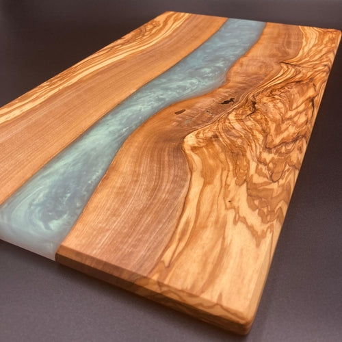 Highly Figured Live Edge Rustic Olive Wood and Resin River Charcuterie Board - Visions of Appalachia 