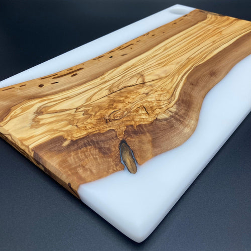 Highly Figured Live Edge Rustic Olive Wood and Resin Cast Charcuterie Board - Visions of Appalachia 