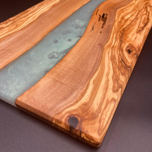 Load image into Gallery viewer, Highly Figured Live Edge Rustic Olive Wood and Resin River Charcuterie Board - Visions of Appalachia 
