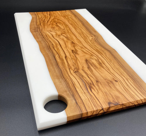 Highly Figured Rustic Olive Wood and Super White Resin Cast Charcuterie Board - Visions of Appalachia 